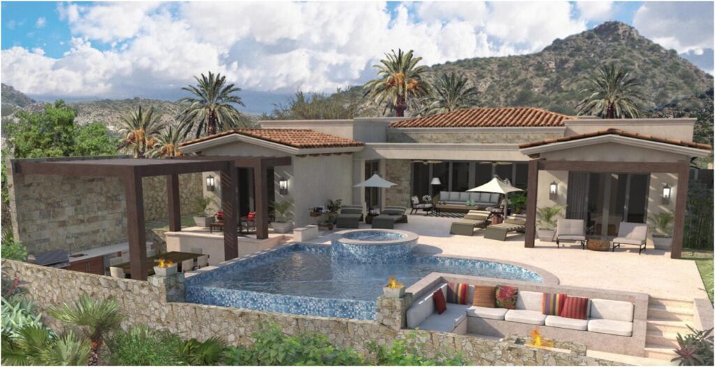 Quivira Coronado The Luna 5 bed home plan. The floor plan boasts a great room with vaulted ceilings over the living/dining area which looks out over the large covered terrace and the hand-made infinity edge pool beyond. The chefs kitchen with huge island with seating boasts Wolf and Sub-Zero appliances. The master and guest master have large ensuite baths w/ shower and tubs, and also both have ocean – 4.3 Via de Mendoza, Pacific, BS