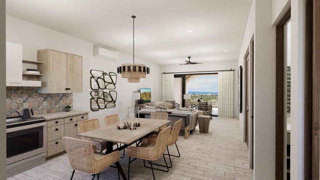 Quivira Mavila New elegant Contemporary style 2 BDR condo on the ground floor in Tower 4, offers an ideal mix of indoor comfort and outdoor living within the prestigious Mavila community at Quivira Los Cabos. Open-concept kitchen with upgraded quartz countertop, dining, and living area that flows toward the outdoor terrace with Jacuzzi, trellis sticks and garden, enhancing natural light and ventilation. Sunset & ocean – Towers FINANCING AVAILABLE, Pacific, BS
