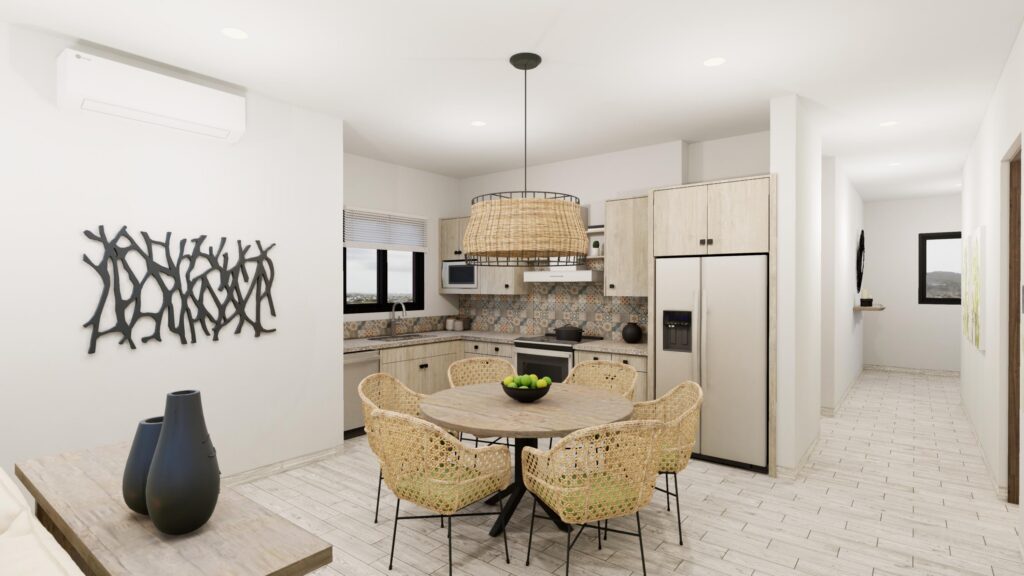 Quivira Mavila New Contemporary style 3BDR condo on the ground floor corner in Tower 4, offers an ideal indoor comfort and outdoor living within the prestigious Mavila community at Quivira Los Cabos. Open-concept kitchen w/ upgraded quartz countertop, dining, and living area that flows toward the outdoor terrace with Jacuzzi, trellis sticks and garden, enhancing natural light and ventilation. Sunset & ocean – Towers FINANCING AVAILABLE, Pacific, BS